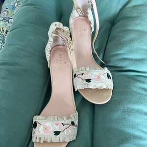 Kate Spade Women's Floral Embroidered Sandals Heels Shoes - Cream and Pink
